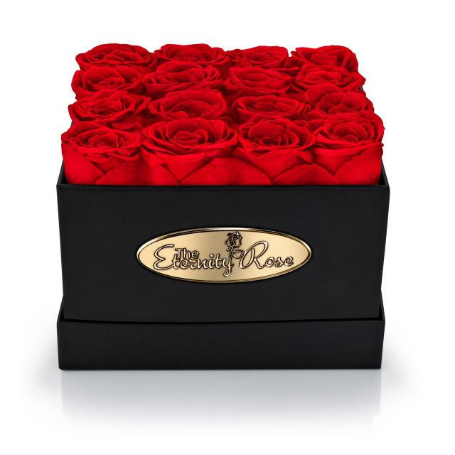 16 Preserved Red Roses Square Display Box – Black