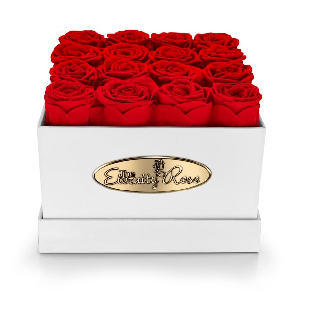16 Preserved Red Roses Square Display Box – White