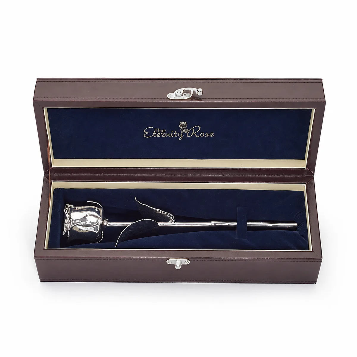 A genuine rose finished in silver and presented in an open leather display case