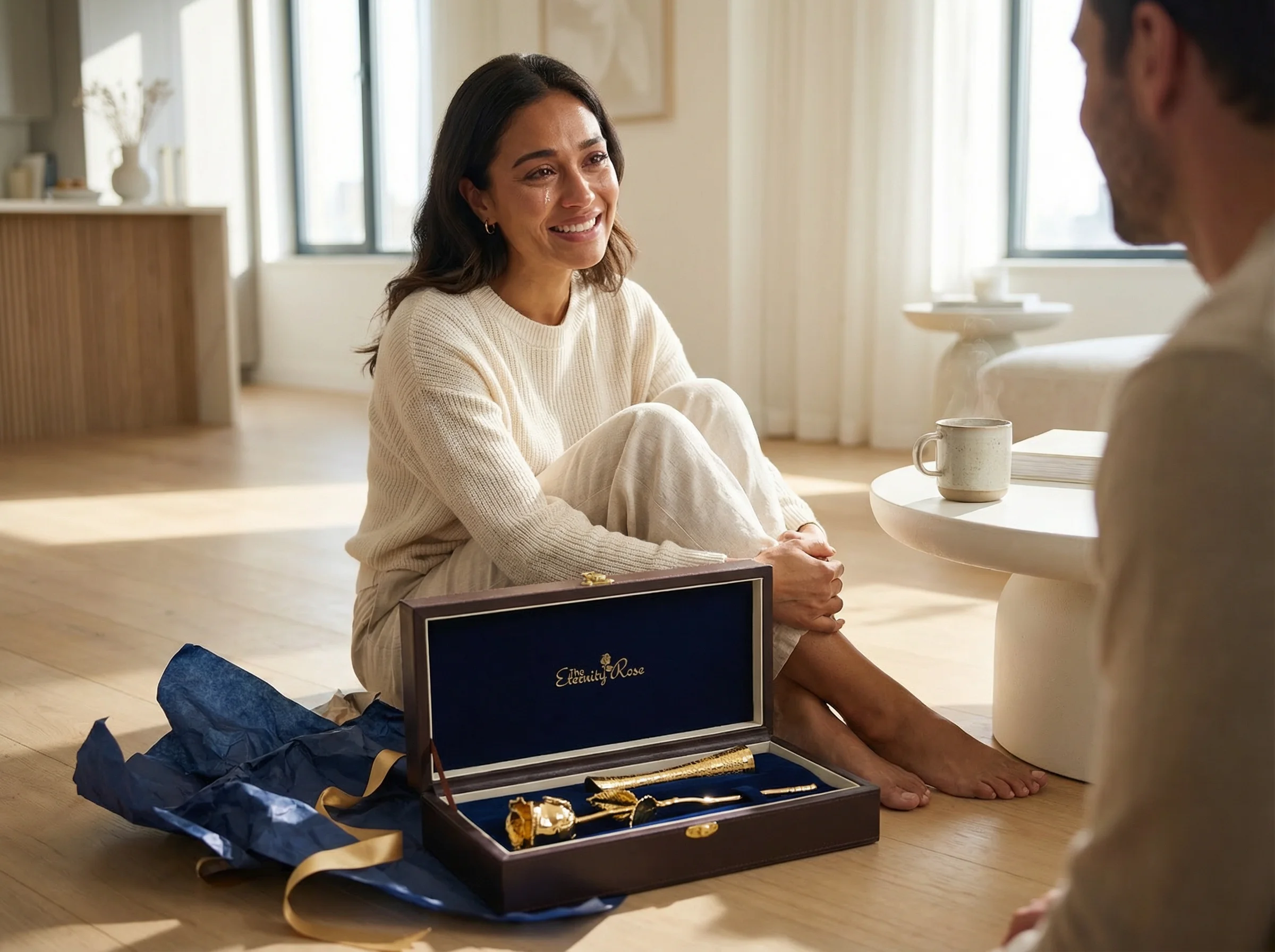 A woman moved to happy tears sitting on the floor with her partner, a gold Eternity Rose and vase set in its open presentation case
