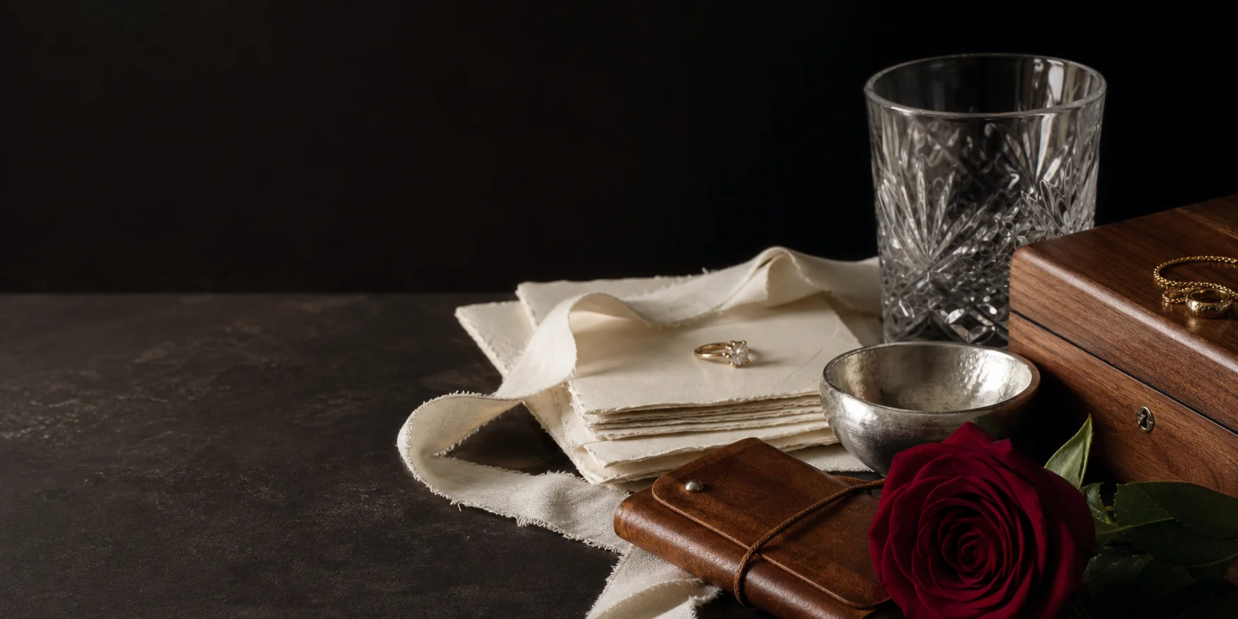 Anniversary materials including paper, cotton, leather, wood, crystal, silver and gold arranged with a red rose